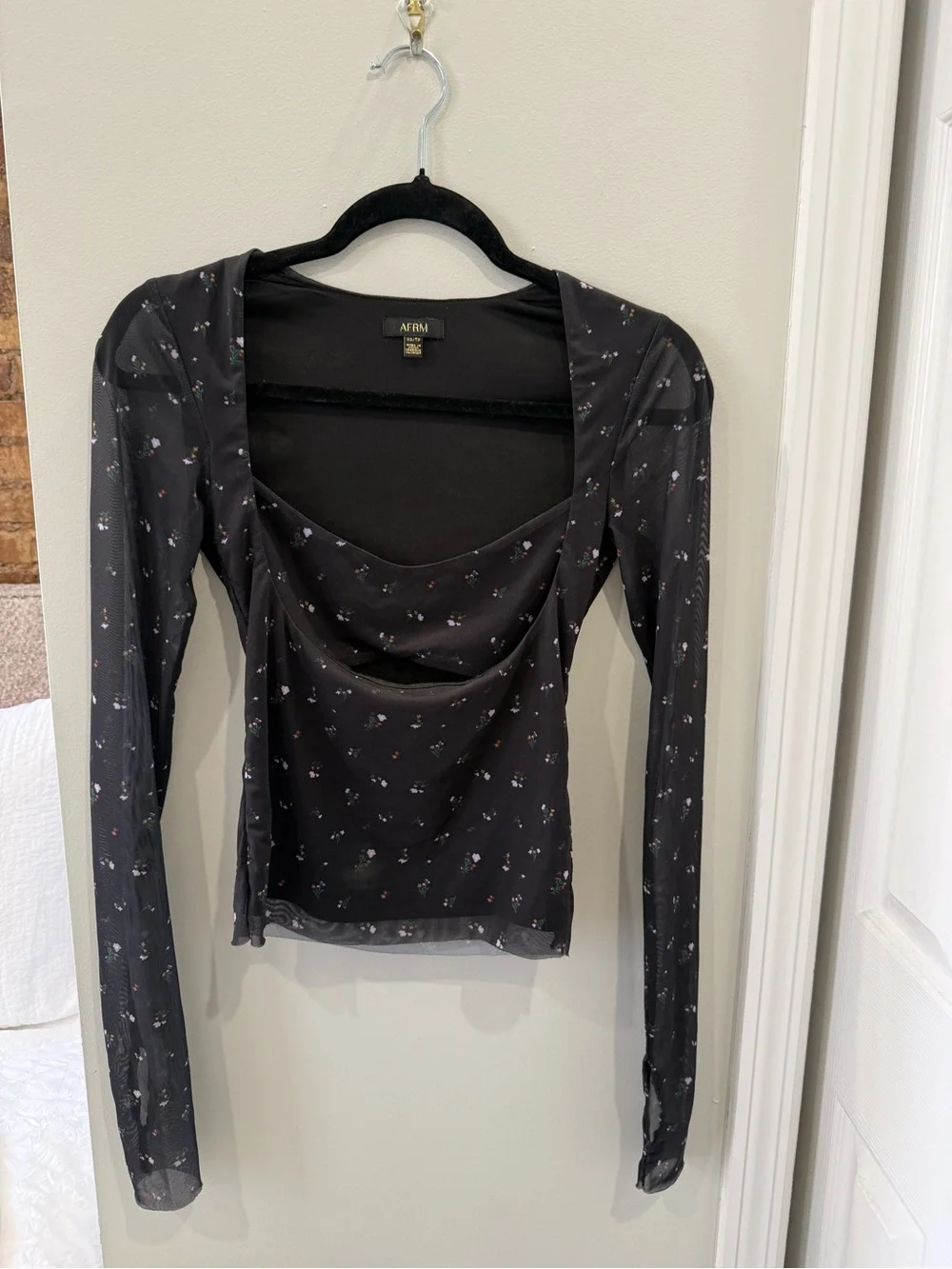 AFRM Black Floral Cutout Sheer Long-Sleeve Camisole - Picture 2 of 4